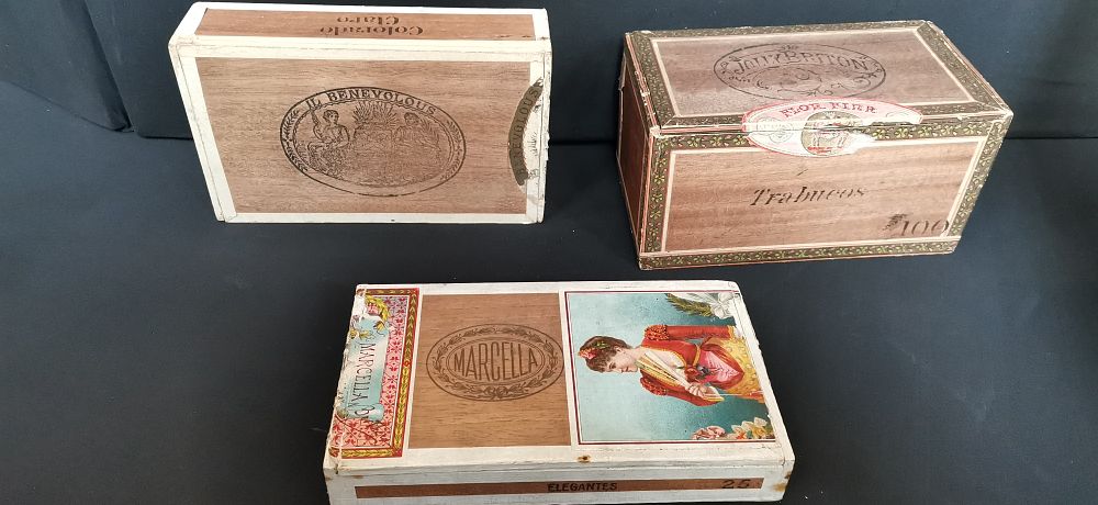 Lot 424: Three vintage wooden cigar boxes including Marcella and Jolly Briton