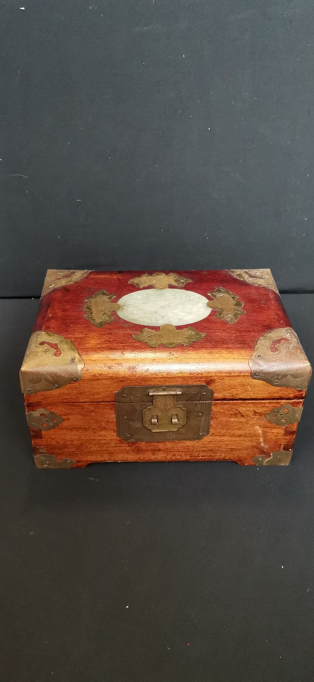 Lot 425: Chinese Wood and Brass Jewellery Box with Stone Inlay