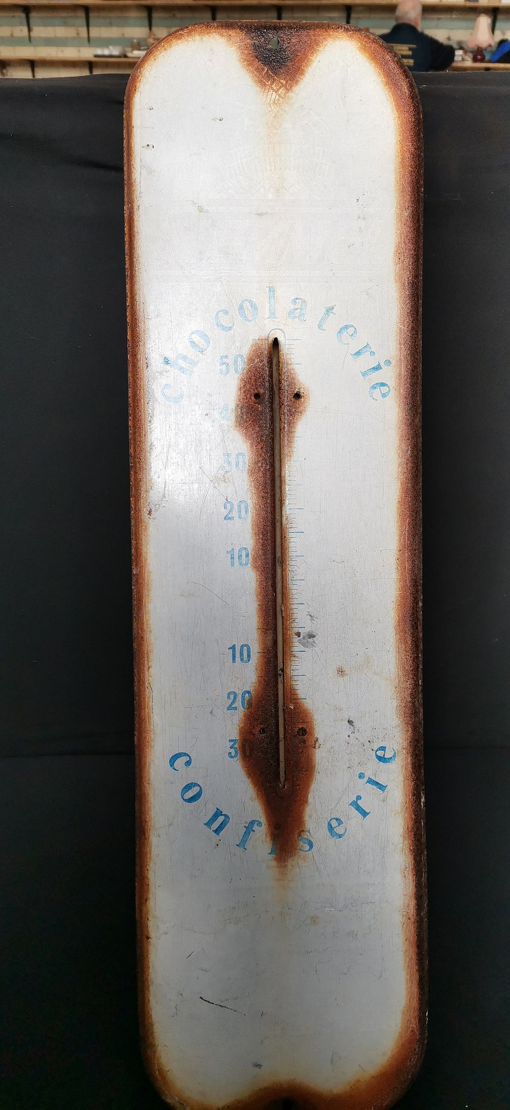 Lot 428: Vintage Metal Chocolaterie and Confiserie Advertising Thermometer Sign