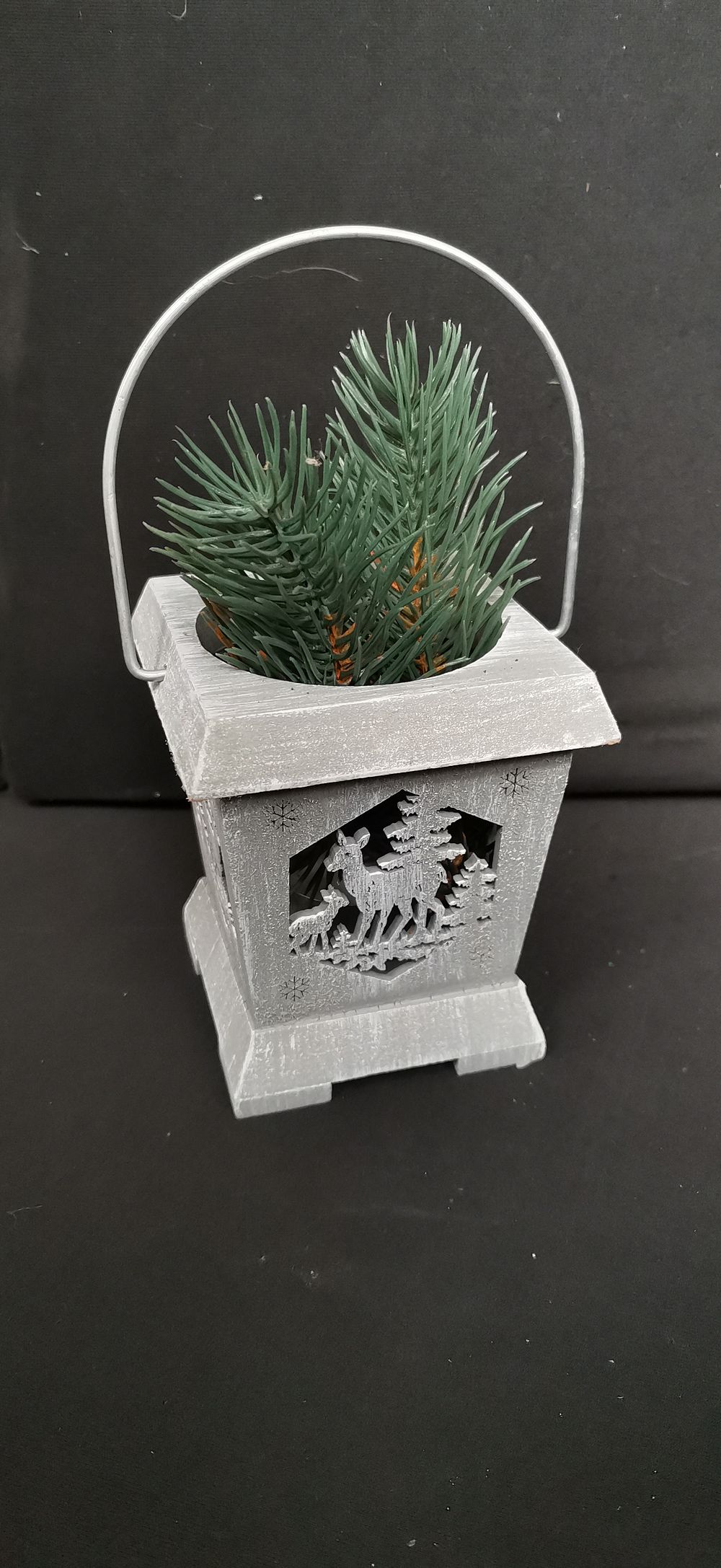 Lot 438: Grey Decorative Lantern with Deer and Tree Cut-outs