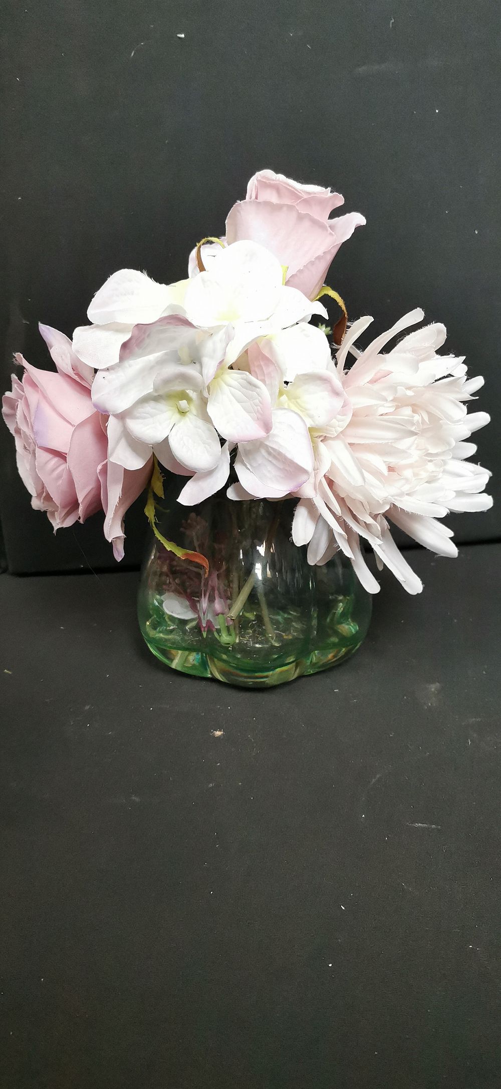 Lot 445: Artificial Pink and White Flower Arrangement in Green Glass Vase