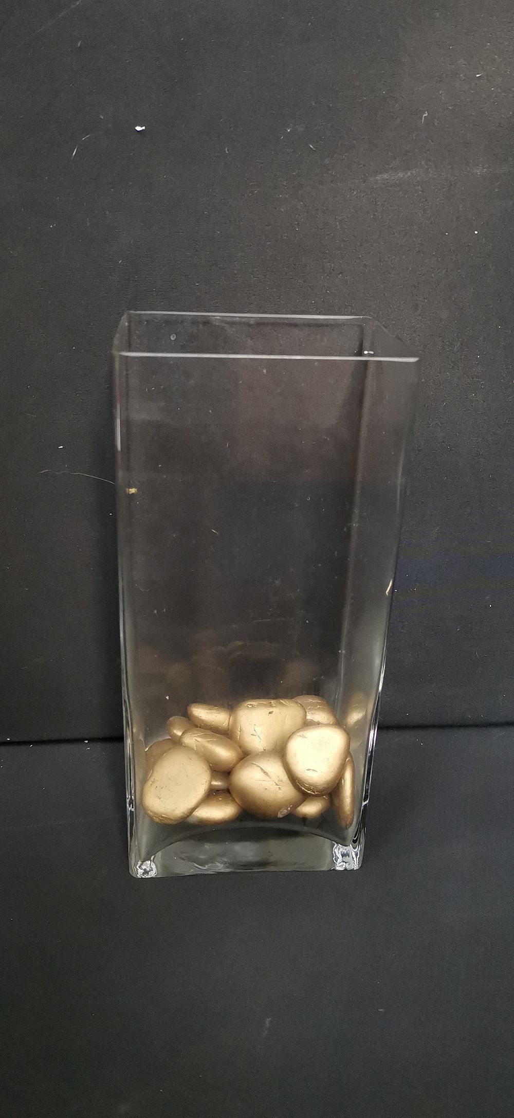 Lot 467: Rectangular Clear Glass Vase with Gold Decorative Stones