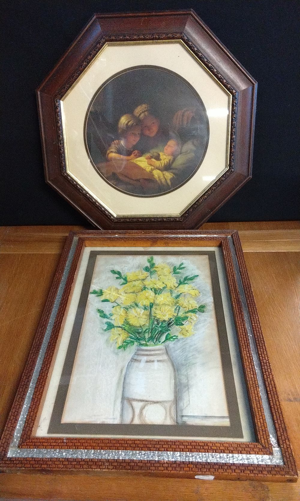 Lot 478: Two Framed Artworks Including a Domestic Scene and Floral Drawing