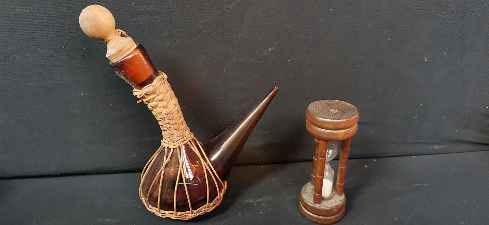 Lot 481: An Amber Glass Decanter and a Wooden Hourglass