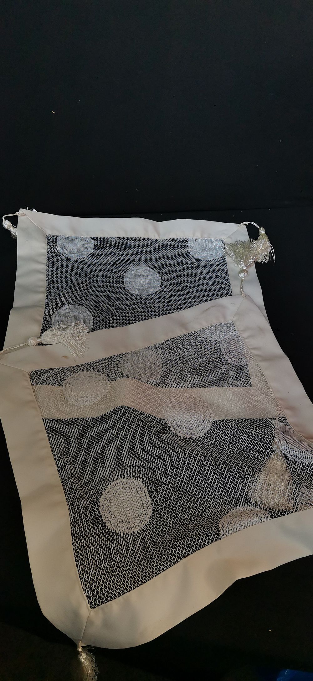 Lot 483: Cream Mesh Decorative Runner with Circular Patterns and Tassels
