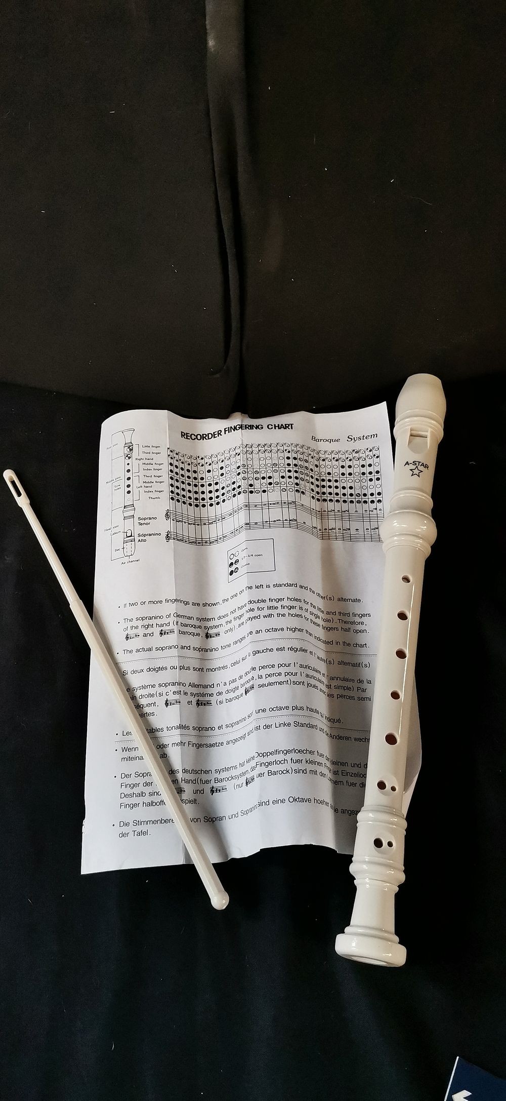 Lot 332: A-STAR White Plastic Baroque Soprano Recorder with Accessories