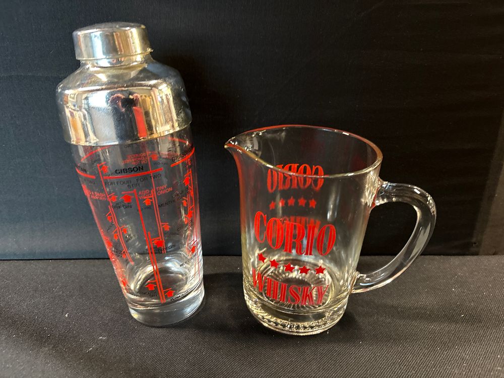 Lot 153: Glass Recipe Cocktail Shaker and Coro Whiskey Jug, Mid-Century Modern