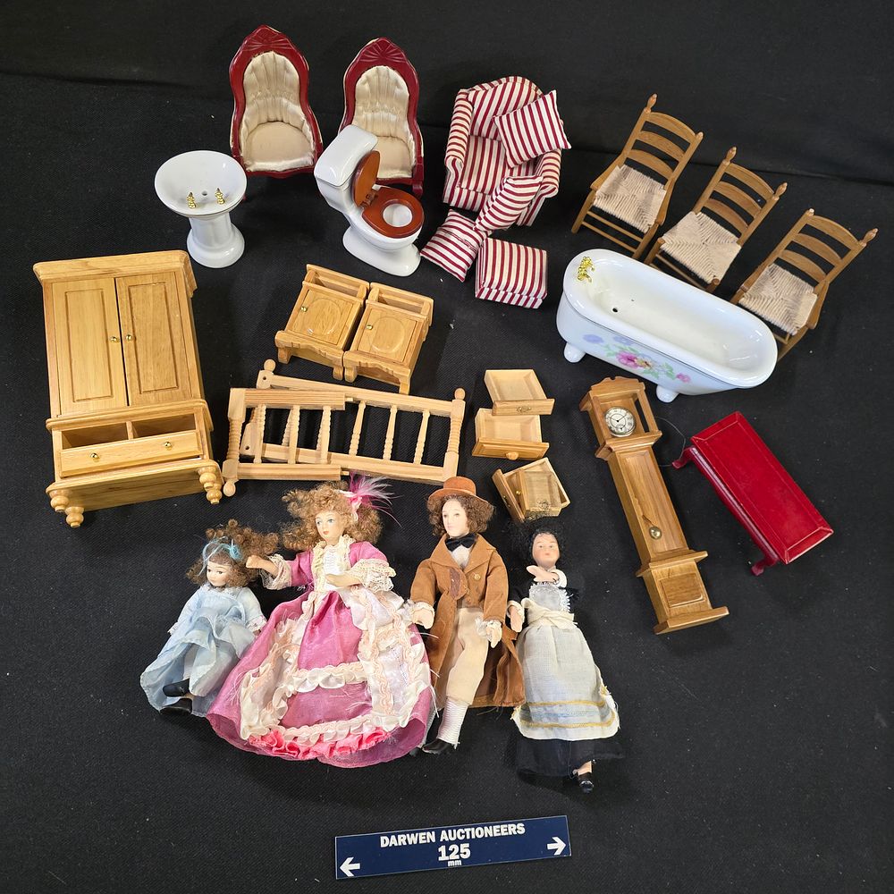 Lot 232: A Collection of Vintage Dolls House Furniture and Period-Style Miniature Dolls, 10cm to 15cm
