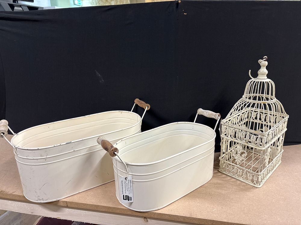 Lot 237: Zakaria Shahid Industries, Trio of Metal Planters and Decorative Birdcage, Shabby Chic Style