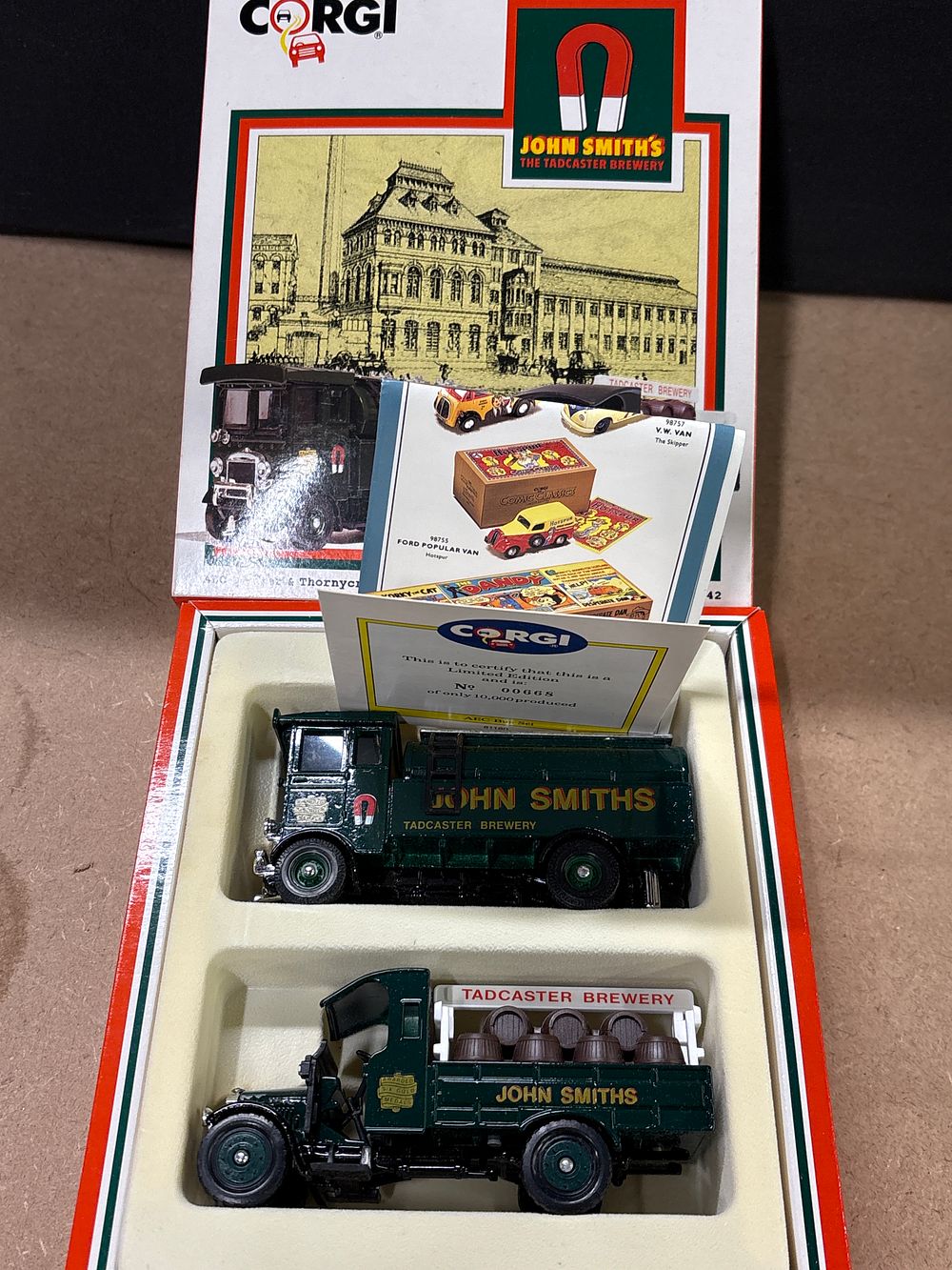 Lot 262: Corgi John Smith's Brewery AEC Tanker and Thornycroft Beer Truck Set, 1990s.