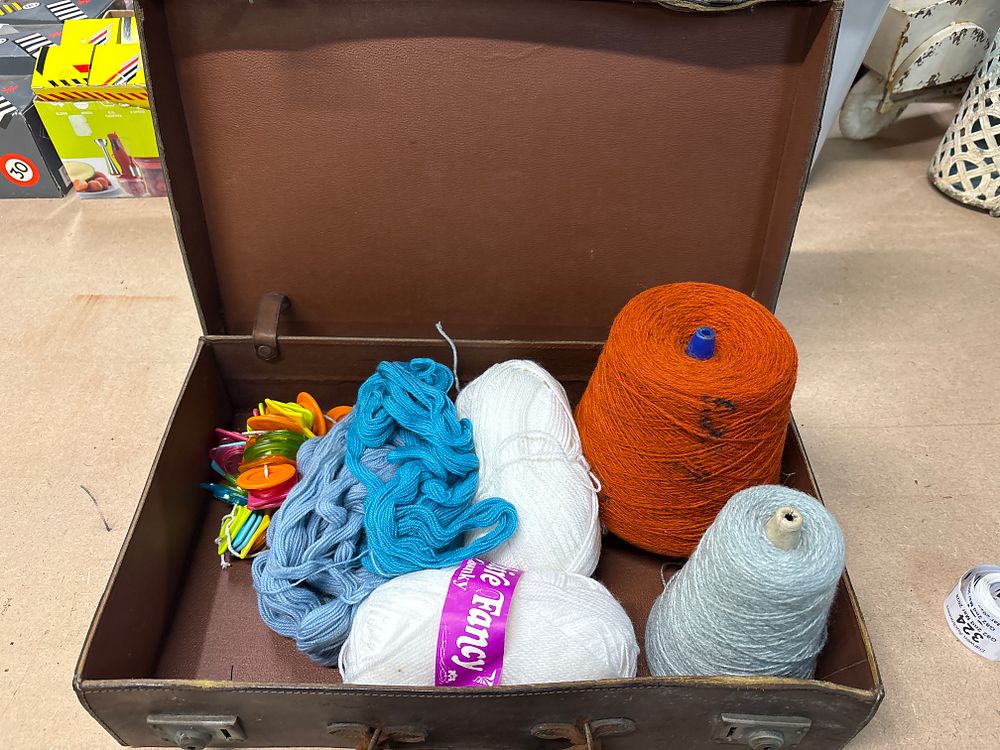Lot 308: Jamieson & Smith Wool6 Jumper Weight Yarn and Crafting Collection in Vintage Suitcase, mid-20th century