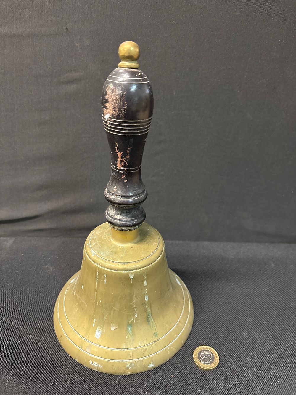 Lot 317: Vintage Solid Brass Hand Bell, Turned Wood Handle, School or Dinner Bell, c.1930-1960