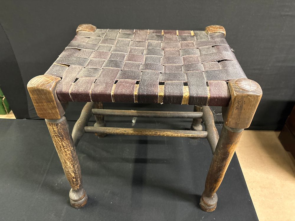 Lot 327: Early 20th Century Oak Footstool in the Manner of Robert Mouseman Thompson with Antique Lattice Leather Topped Seat