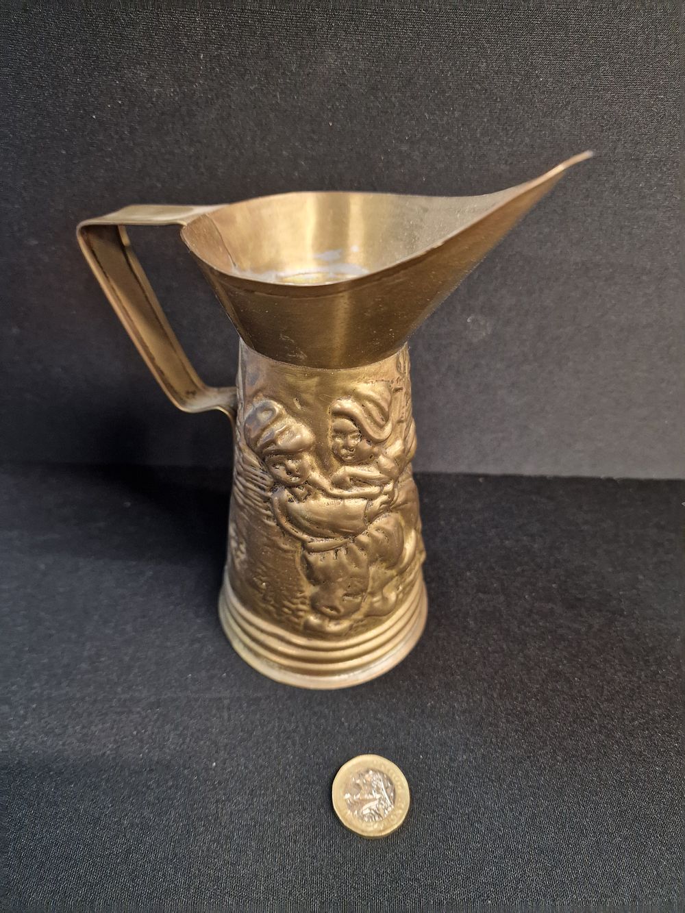 Lot 347: Peerage Miniature Brass Pitcher Embossed Tavern Scene