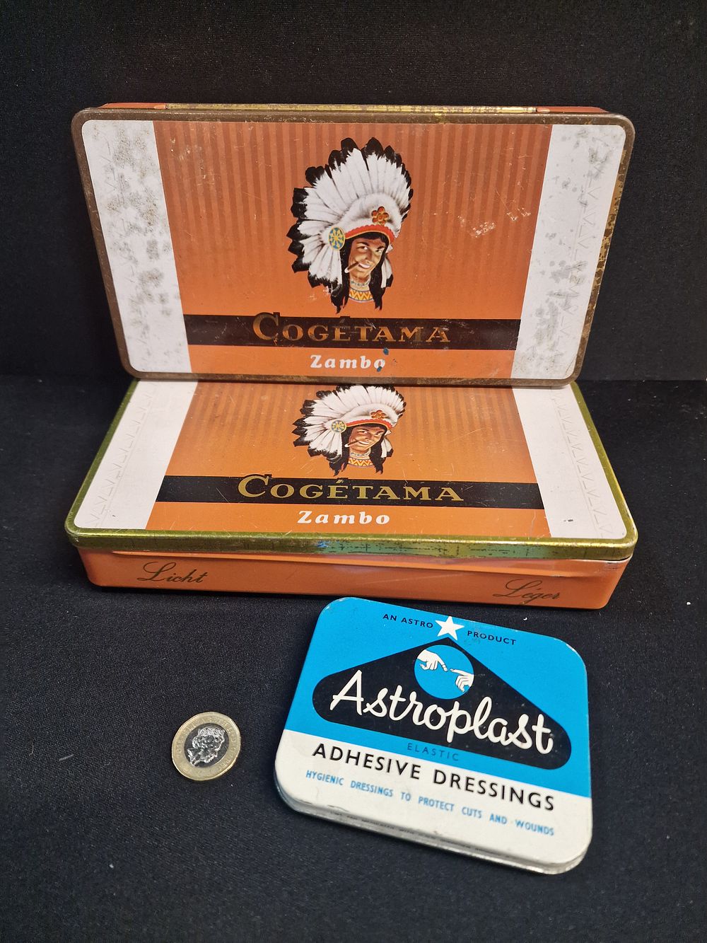 Lot 353: Cogétama Zambo Cigar Tins and Astroplast Adhesive Dressing Tin, c. 1930s-1950s