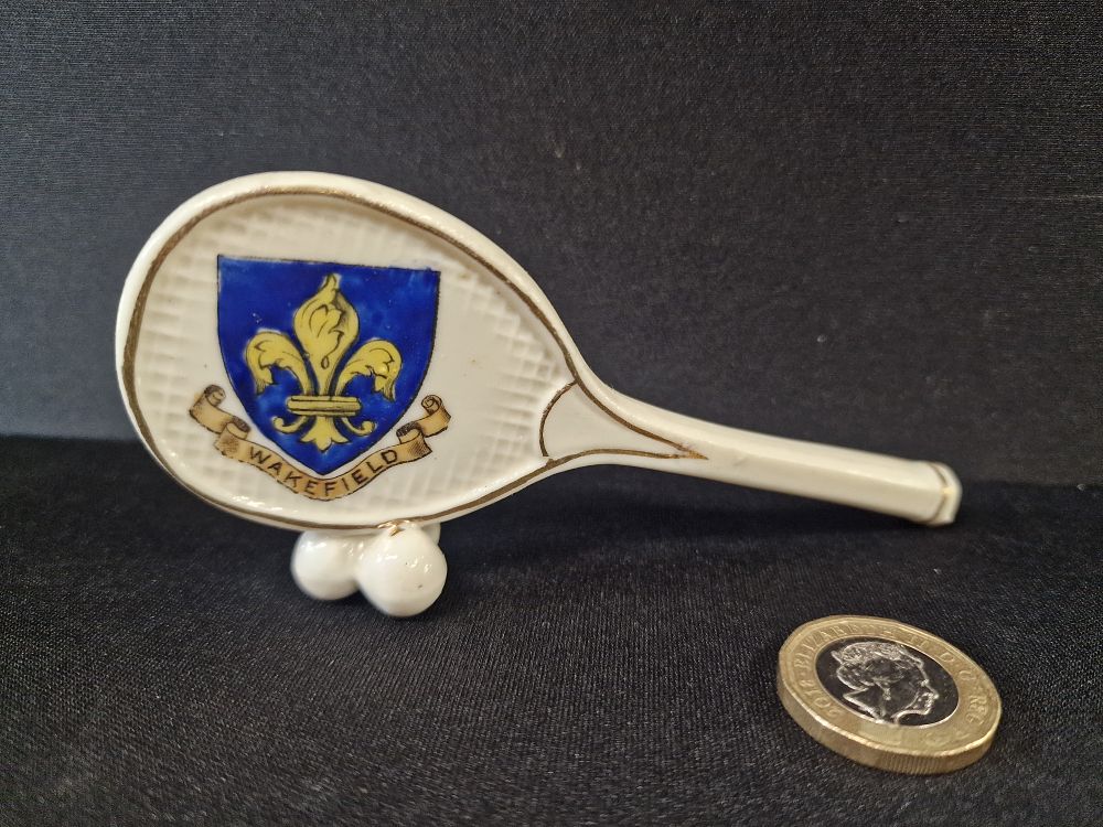 Lot 384: Shelley China Crested Ware Tennis Racket, Early 20th Century, Wakefield Crest