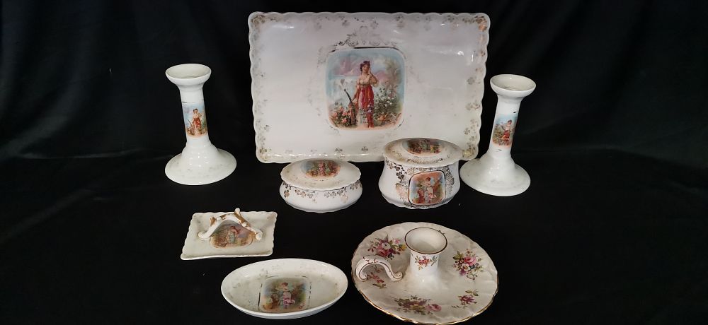 Lot 175: A Collection of Gilded Porcelain Vanity Items with Classical Vignettes