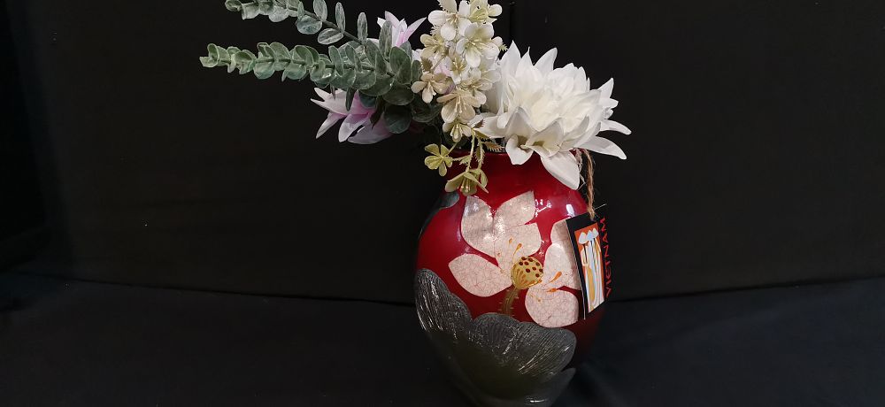 Lot 242: Red Hand Painted Enamel Vase with Artificial Flowers from Vietnam
