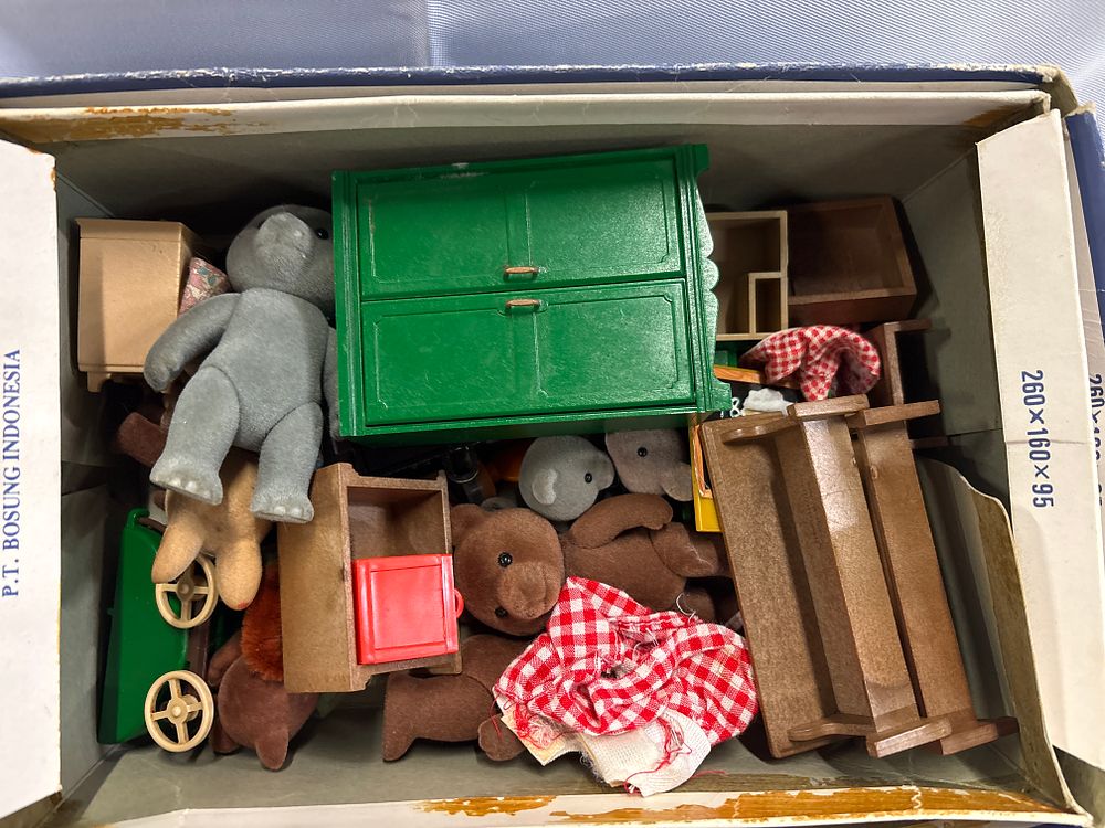 Lot 347: P.T. Bosung Indonesia, Collection of Flocked Animal Figurines and Dollhouse Furniture, c. 1990s