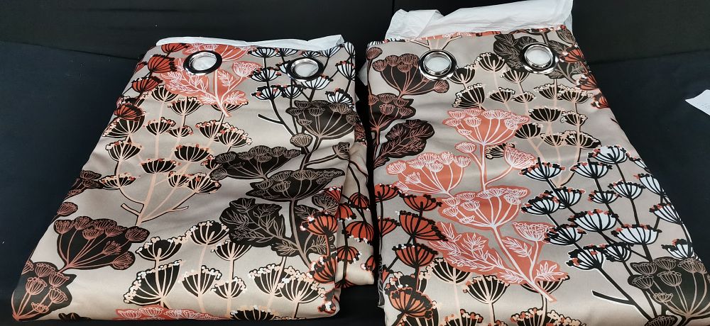 Lot 418: Pair of Floral Botanical Print Grommet Curtains. Measures Approximately W170 x L84 Inches