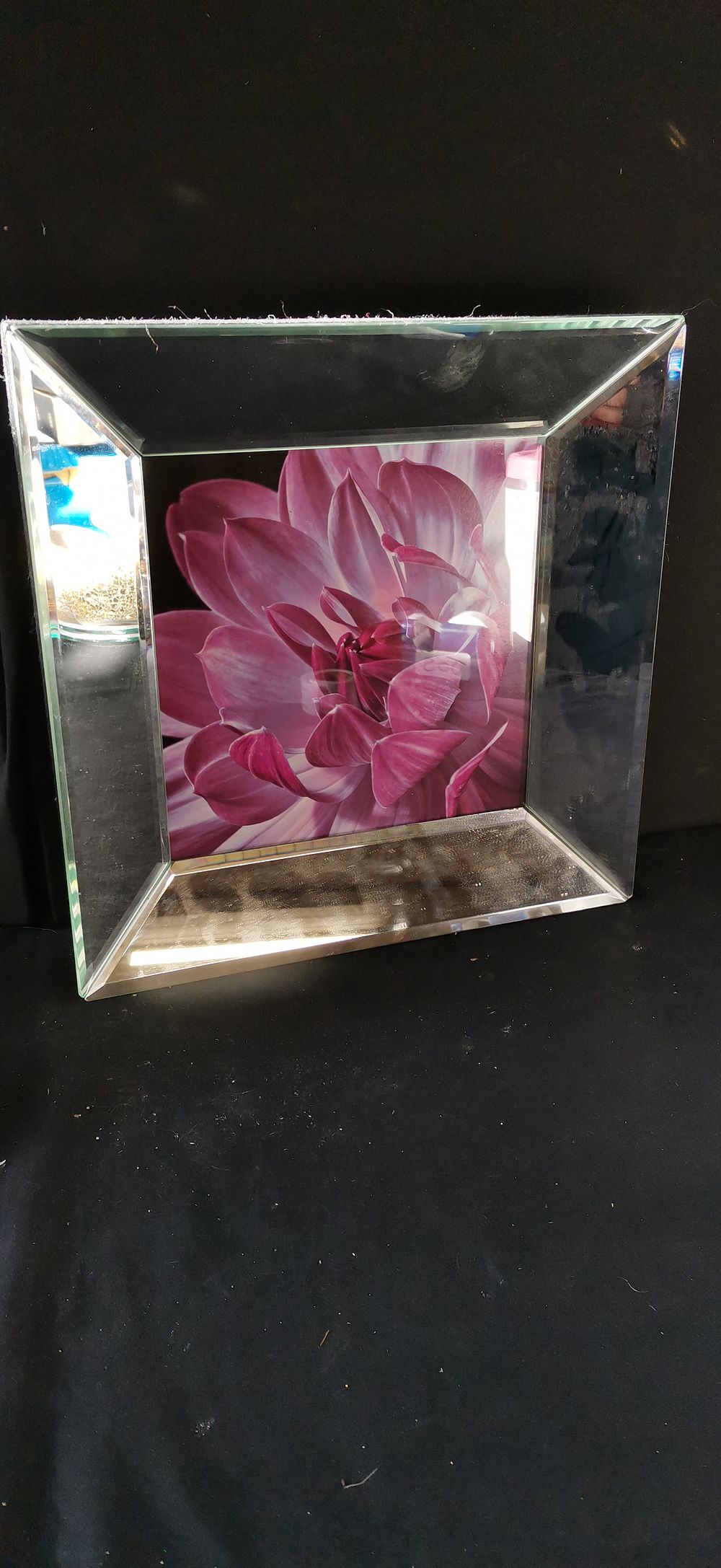 Lot 431: Square Pink Floral Print in Mirrored Bevelled Frame
