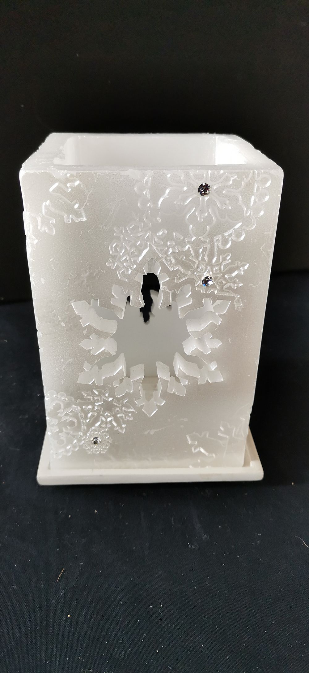 Lot 433: Square White Wax Snowflake Candle Holder with Rhinestones