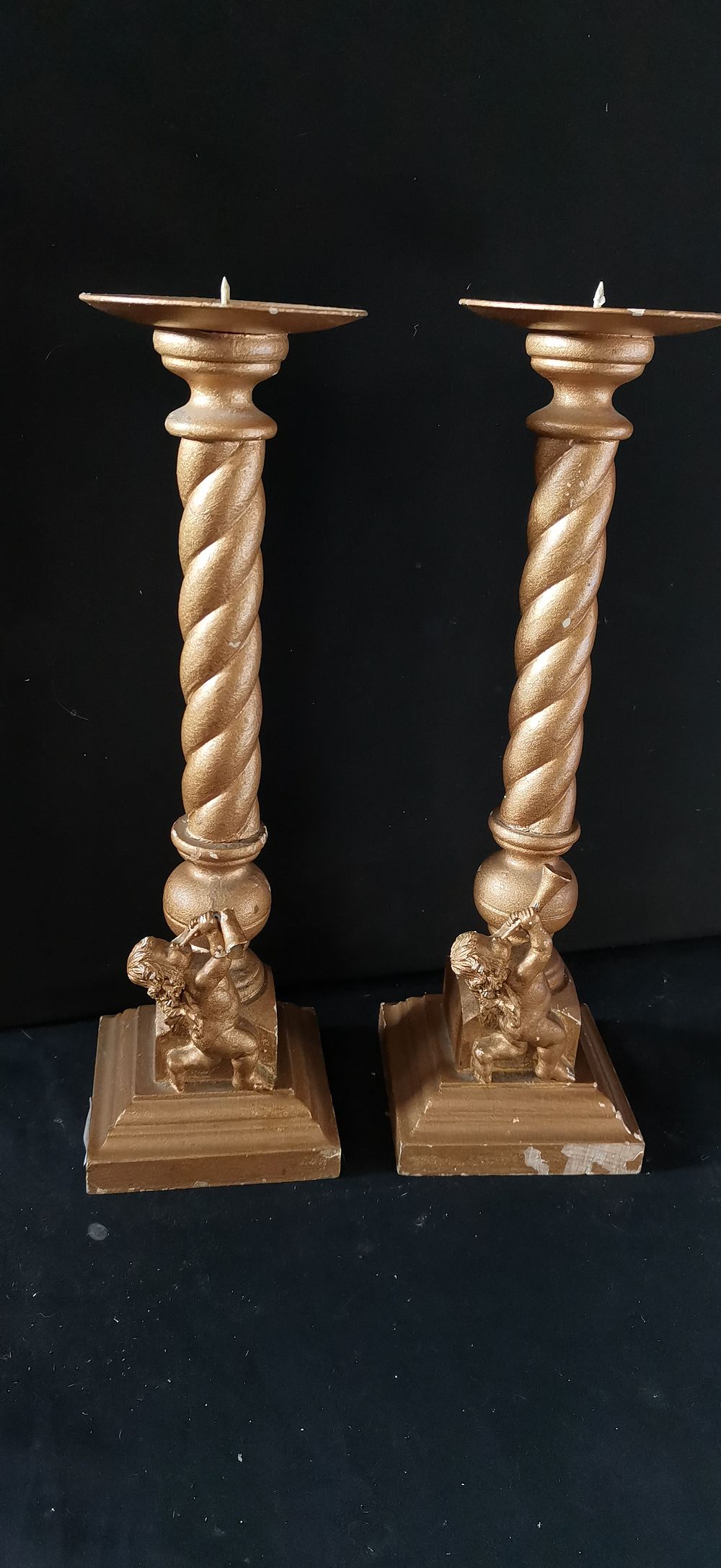 Lot 435: A Pair of Gold Coloured Barley Twist Pricket Candlesticks