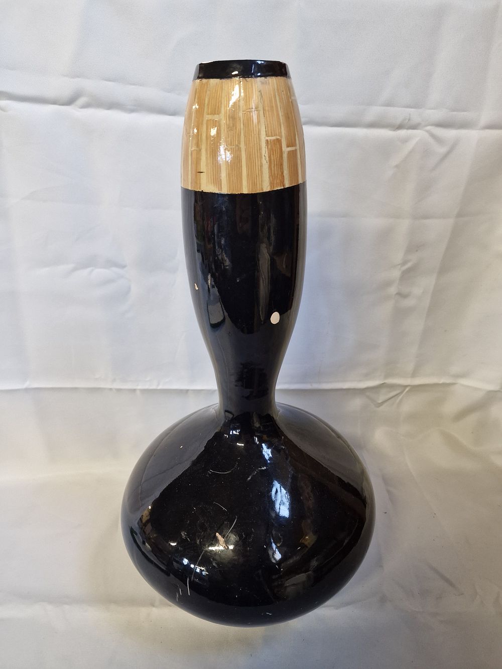 Lot 268: Modernist double-bulbous gourd form ceramic vase with black glaze and inlaid band