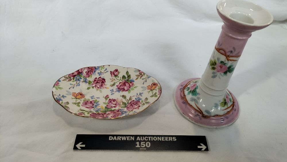 Lot 252: Two Decorative Ceramic Items comprising a Royal Winton Dish and a Floral Candlestick