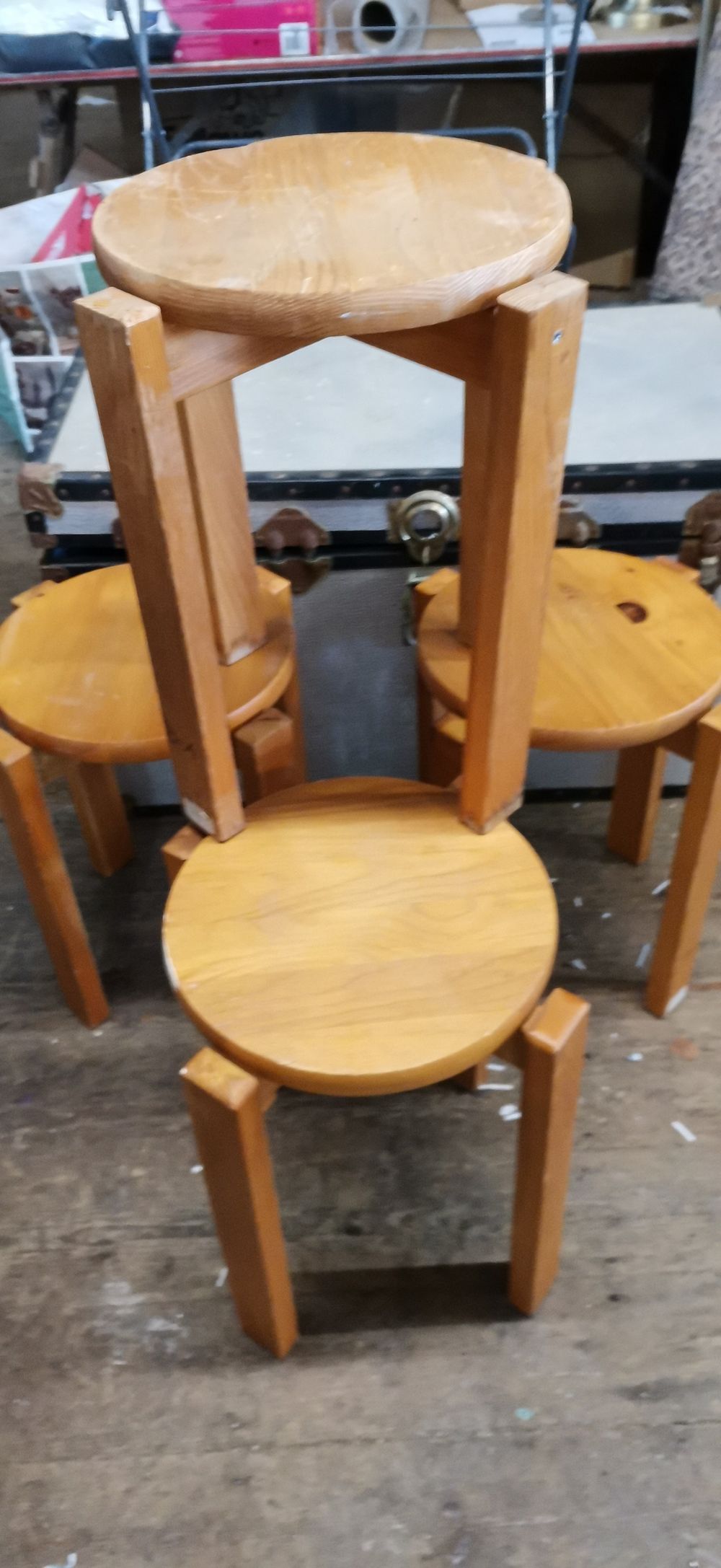 Lot 287: A Set of Four Mid-Century Modern Style Pine Stacking Stools in the Style of Bruno Rey. COLLECTION ONLY