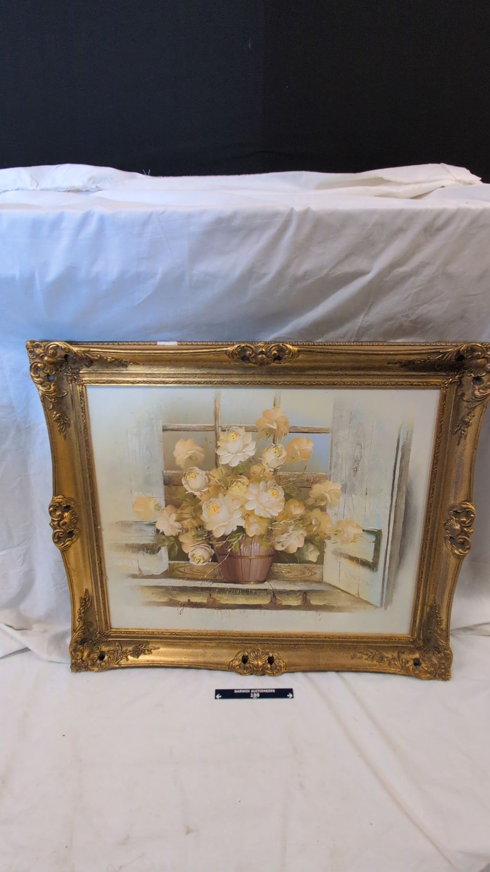Lot 365: G. Stricker, Floral Still Life with Roses in a Wooden Bucket, Oil on Board