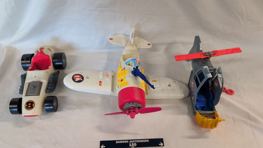 Lot 372: Three Kenner The Real Ghostbusters Vehicles including Ecto-Bomber Ecto-Copter and Ecto-5 Race Car