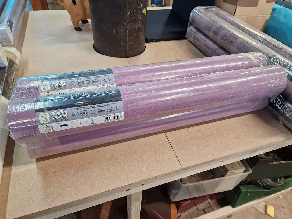 Lot 513: Four Rolls Cristiana Masi Italian Designer Vinyl Wallpaper Rolls in Lavender