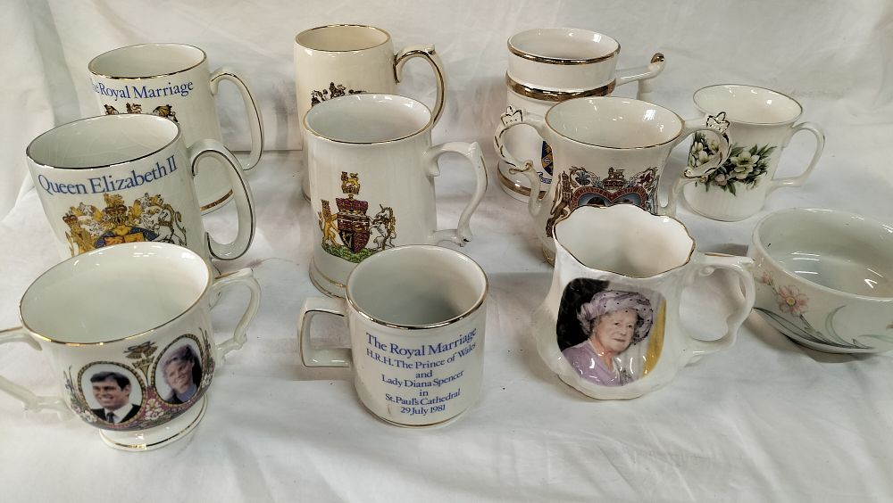 Lot 754: A Collection of 11 British Royal Commemorative and Decorative Ceramic Mugs and Tankards