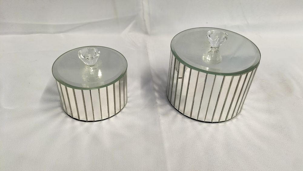 Lot 425: A Pair of Laura Ashley Mirrored Glass Lidded Storage Boxes
