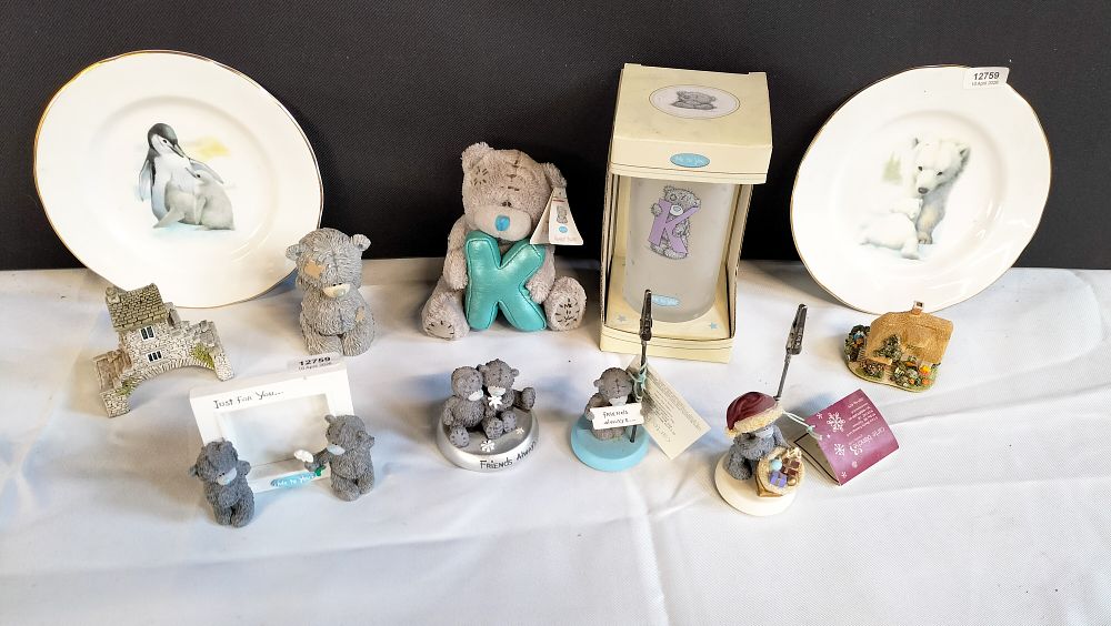 Lot 528: A Collection of Me to You Tatty Teddy Figurines, Berkshire Fine Bone China Plates, and Miniature Buildings