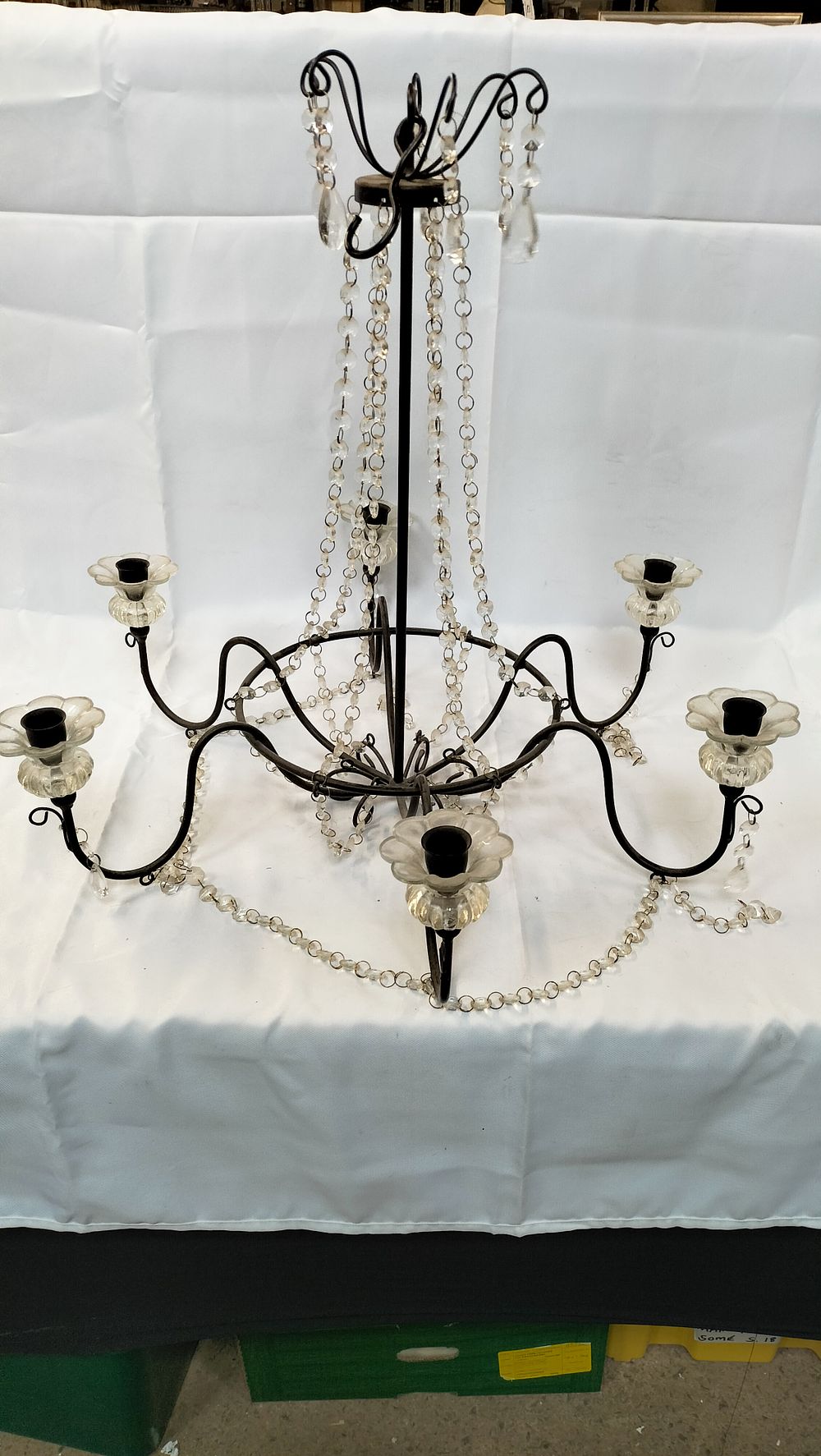 Lot 629: A Six-Light Metal and Glass Bead Candle Chandelier in the Continental Style