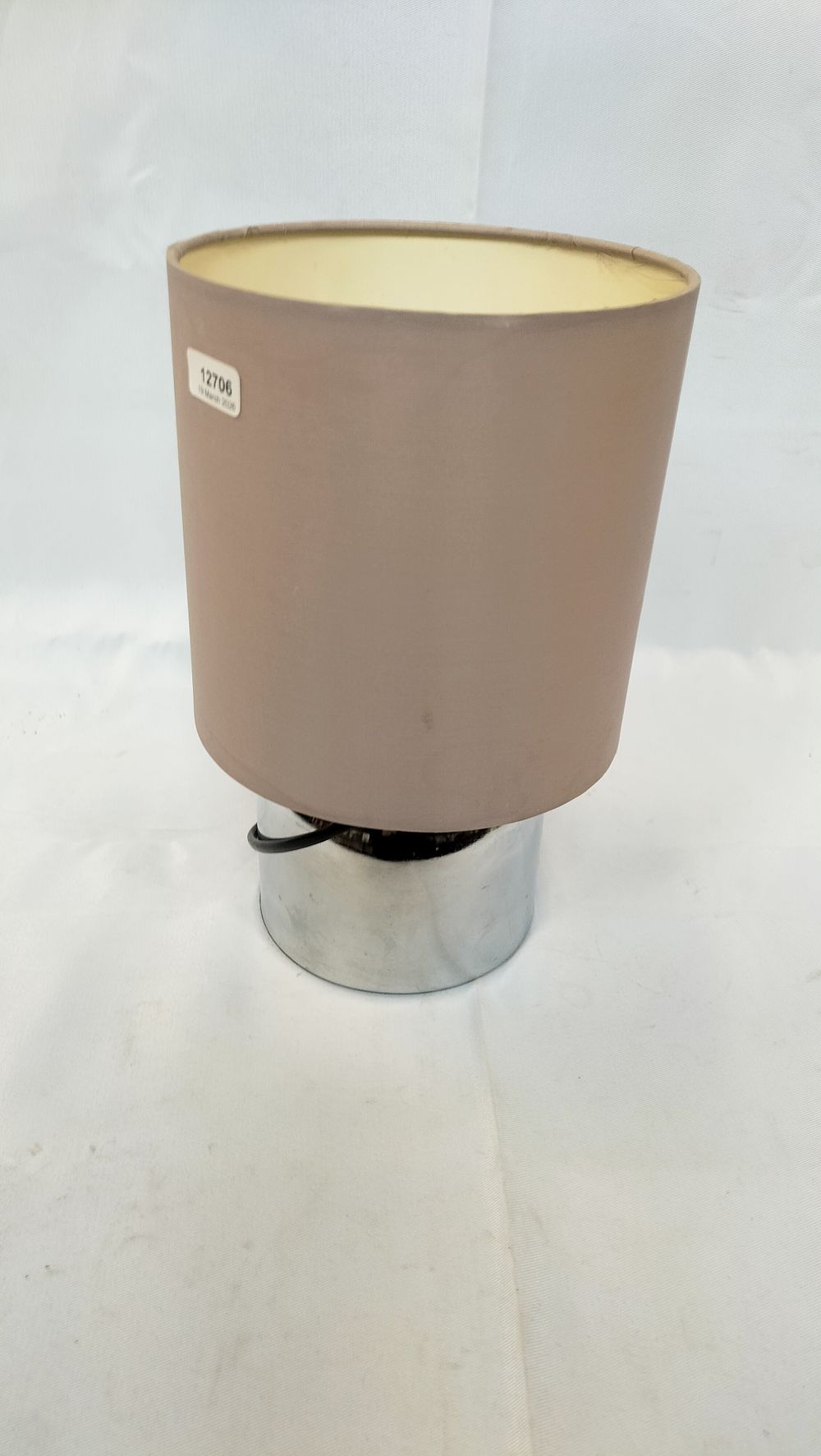 Lot 633: Argos Chrome Touch-Operated Table Lamp with Taupe Fabric Shade