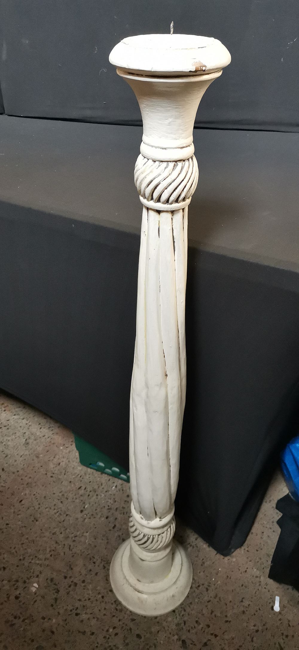 Lot 728: Tall Distressed White Carved Wood Floor Pricket Candlestick. COLLECTION ONLY