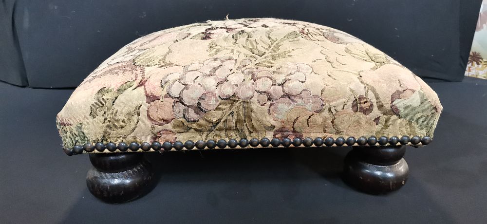 Lot 731: Tapestry upholstered footstool with dark wood bun feet