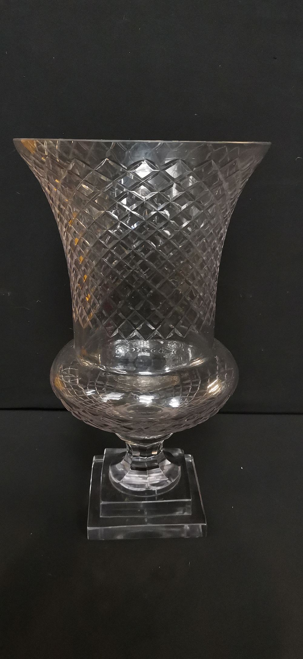 Lot 733: Large Diamond Cut Clear Glass Pedestal Vase