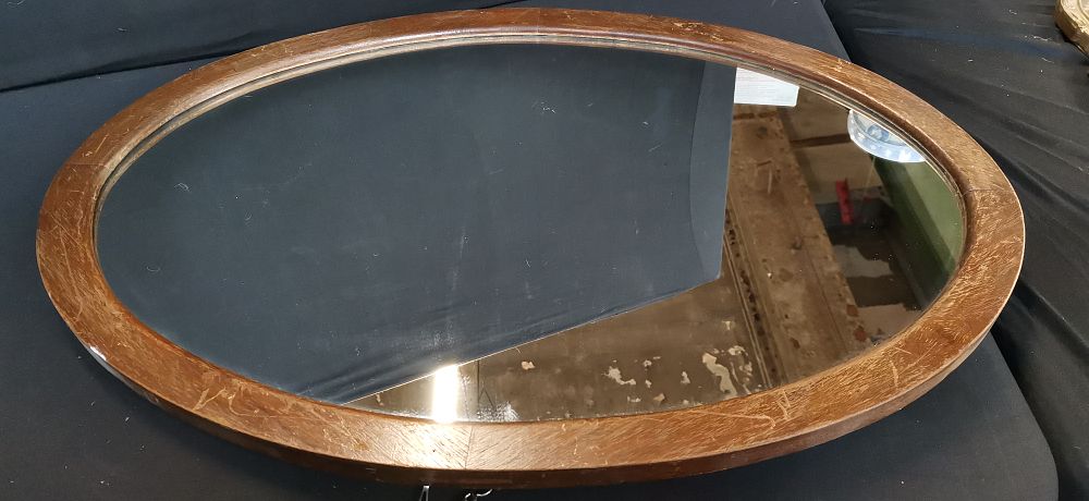 Lot 734: An Oval Wooden Framed Wall Mirror with Hanging Chain