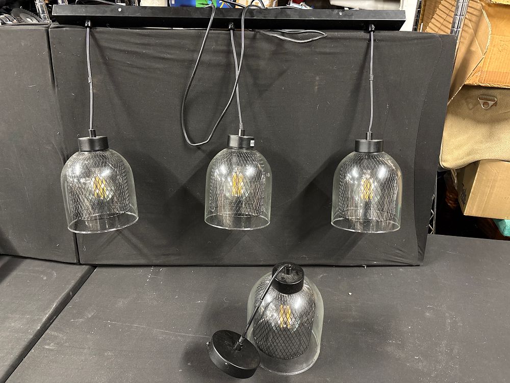 Lot 735: Three Industrial Style Matte Black and Glass Mesh Cage Pendant Lighting Fixtures
