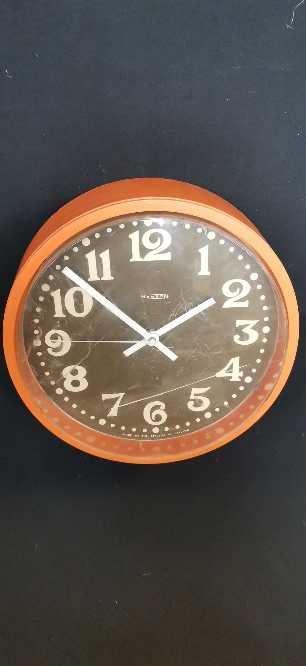 Lot 757: Hanson Orange Wall Clock Made in Republic of Ireland