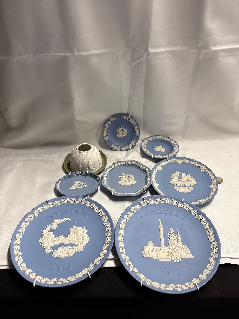 Lot 763: A Collection of Wedgwood Blue and White Jasperware Commemorative Plates and Dishes