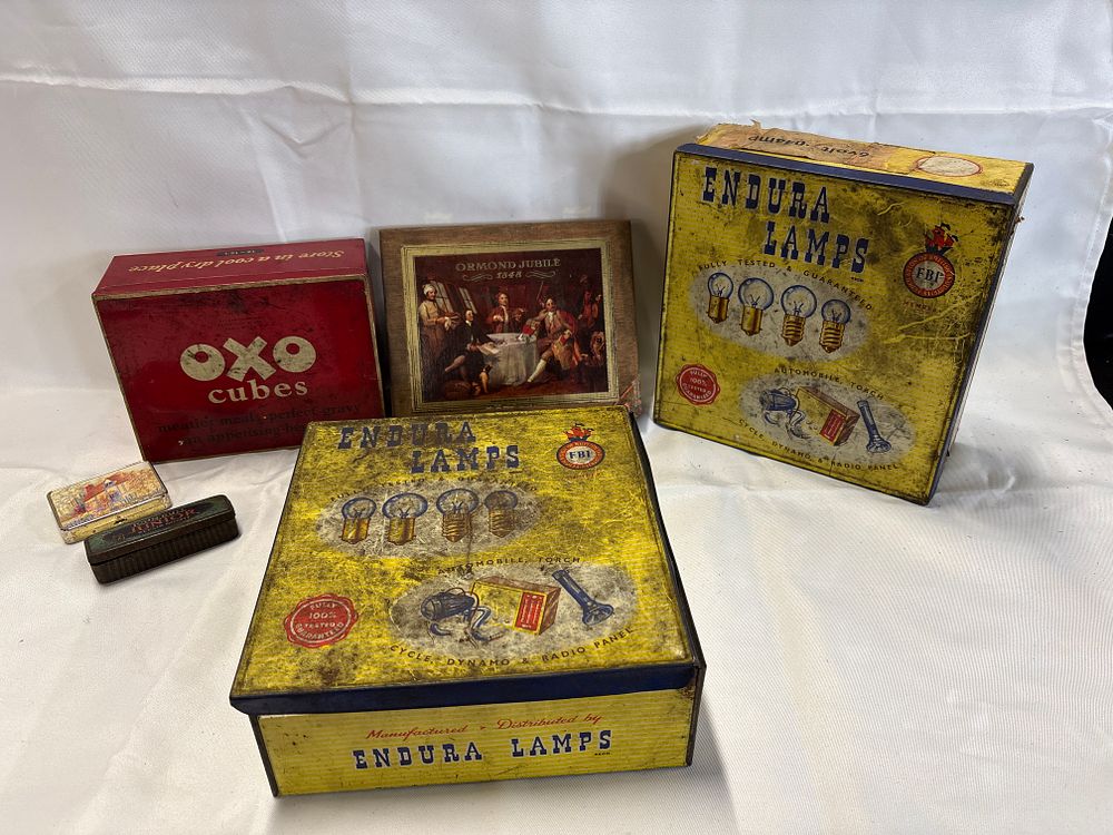 Lot 768: A Collection of Vintage British Advertising Tins and Cardboard Packaging including Oxo Cubes