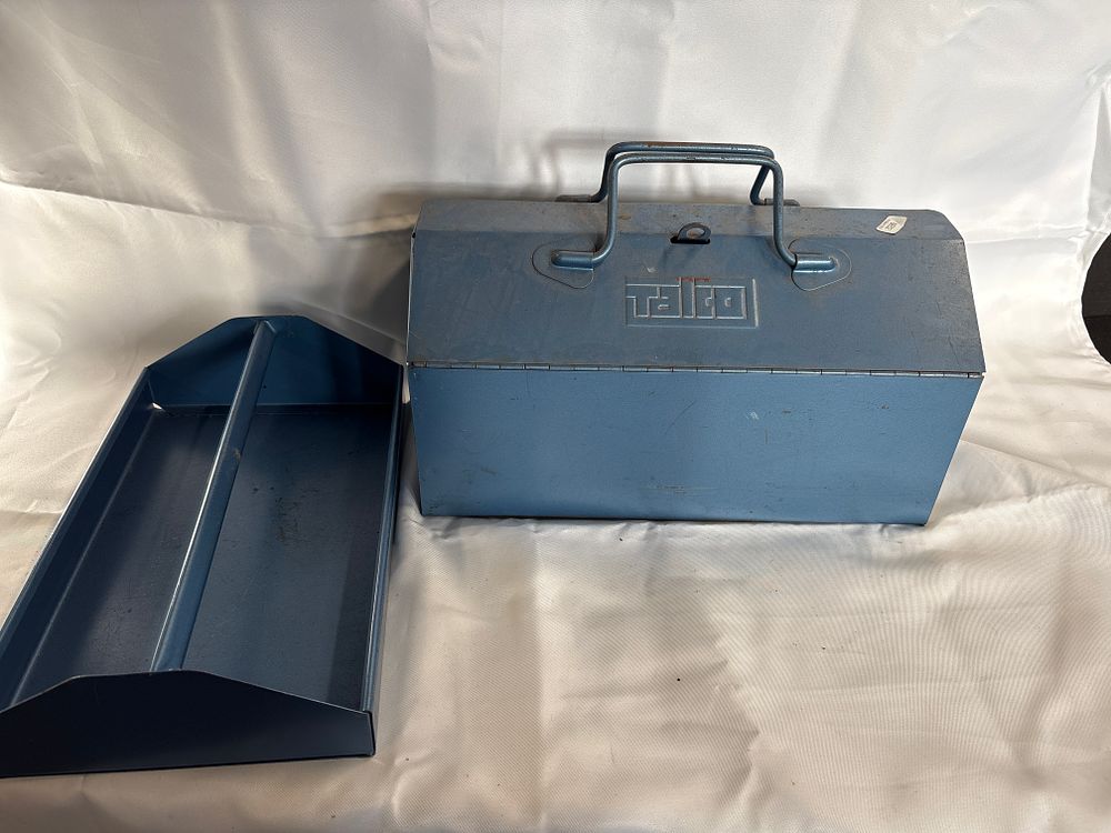 Lot 779: A Vintage Talco Metallic Blue Pressed Steel Hip-Roof Toolbox