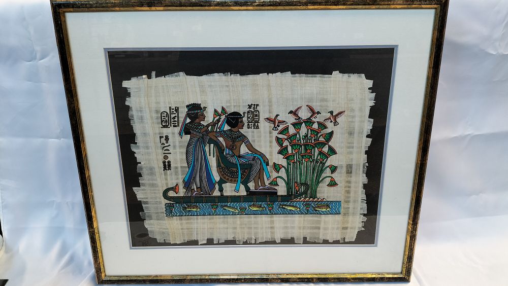 Lot 787: A Contemporary Egyptian Papyrus Painting Depicting King Tutankhamun and Queen Ankhesenamun