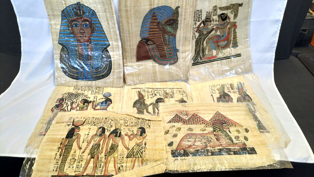 Lot 788: Sa'id Abd al-Mun'im and Others, A Collection of Eight Contemporary Egyptian Papyrus Paintings (Signed)