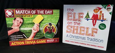 Match of the Day Trivia Game and Elf on the Shelf. A boxed Match of the Day BBC Sport Action 